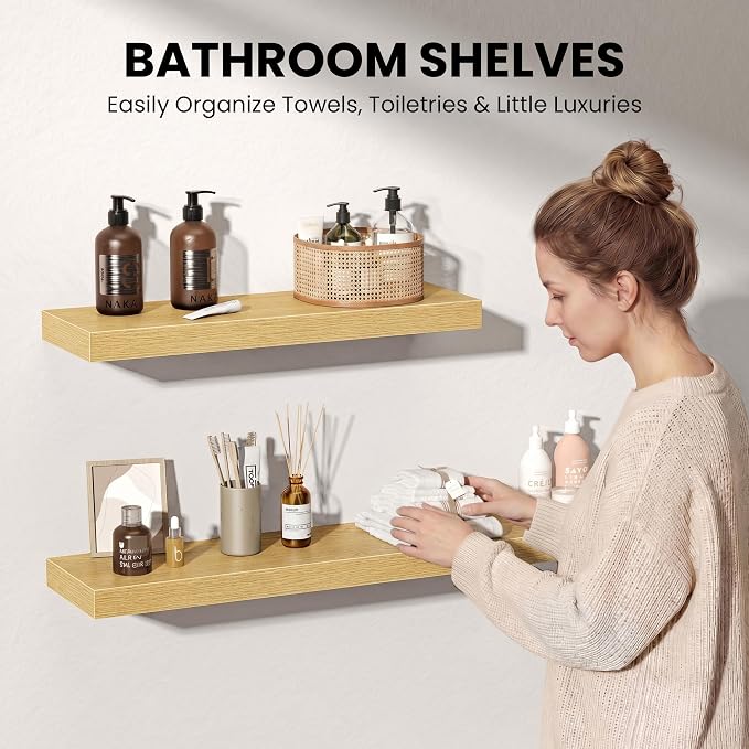 Fun Memories 40" Floating Shelves for Wall, 8 Inch Deep Floating Shelf for Books, Deep Bathroom Shelves Wall Mounted, Rustic Display Shelf for Kitchen, Bedroom, Living Room, Oak Color, 2 Pack