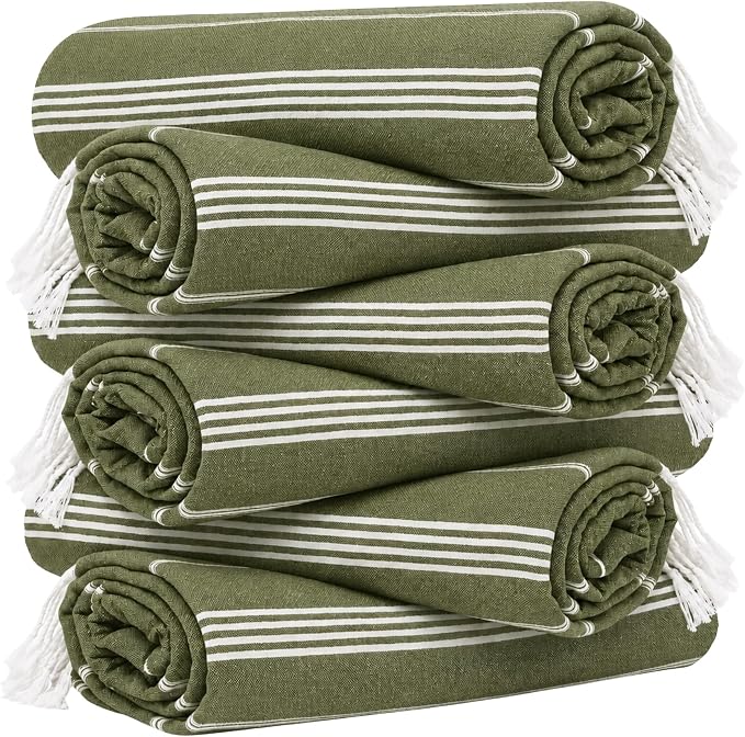 Turkish Beach Towel Set of 6 Oversized 72x40 100% Turkish Cotton | Hammam Peshtemal, Sand Free, Quick-Dry, Absorbent Bath Towel | Lightweight & Compact for Travel, Pool, Gym, Spa - Army Green