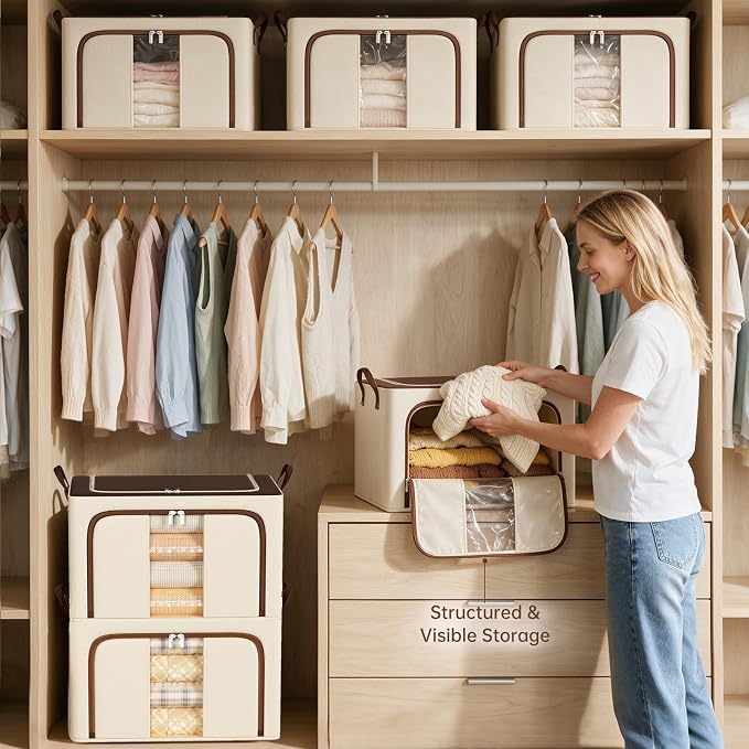 3 Openings Clothes Storage Bins with Metal Frame,66L (brown) | Oxford-Gewebe