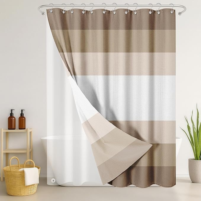 3 in 1 Shower Curtain and Liner,72 x 72 inch, Ombre Striped | Modern Beige Shower Curtain and PEVA Liner Set with 12 Rust-Resistant Metal Hooks, Waterproof Fabric Curtains for Bathroom