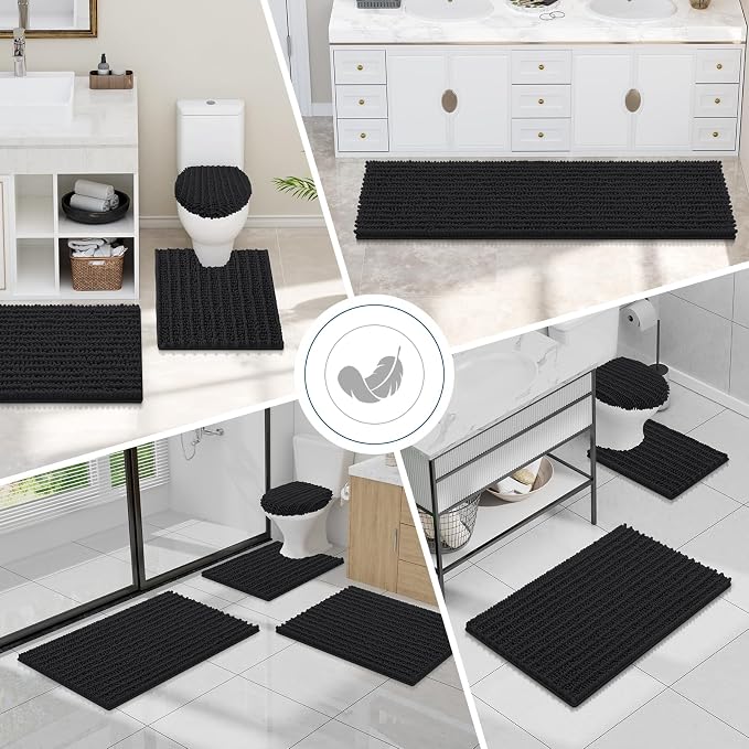 Smiry Bathroom Toilet Rugs U Shaped 20X20, Chenille Bath mats for Toilet | Black Extra Soft Absorbent Non Slip Rubber Backing Contour Bath Rugs for Toilet, Machine Washable Contoured Bath Mats