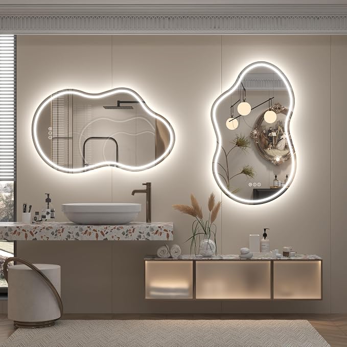 20x36 Inch Irregular LED Bathroom Vanity Mirror with Lights | Asymmetrical Led Lighted Mirror, Cloud-Shaped, Fogless, Dimmable, Shatterproof, Memory, ETL Listed (Horizontal/Vertical)