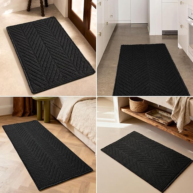 Sunfly Black Bathroom Rug, Waffle Bath Mat Non-Slip Washable Super Absorbent Quick Dry,Quick Drying,Boho Farmhouse Bathroom Decor 16"x24" Black