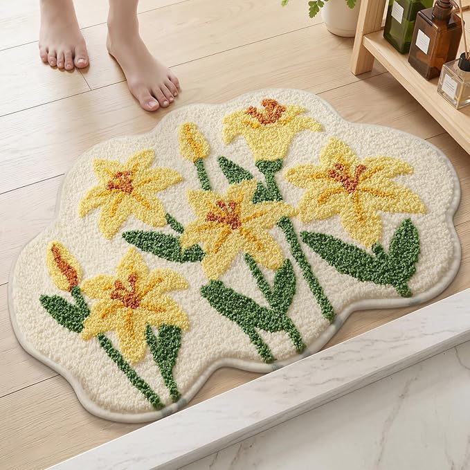 Cloud-Shaped Lily Bath Mat, Soft Non-Slip Fluffy Fresh Flowers Bathroom Rug, Ultra Absorbent Microfiber Shaggy Door Mat, Machine Washable Bath Rug Carpet for Bathtub Bedroom 20x31 Inch (Yellow Lily) | Soft Non-Slip, Fluffy Fresh Flowers, Ultra Absorben...