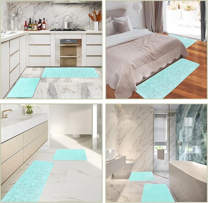 Aqua Bathroom Rugs Sets 2 Piece – Absorbent and Washable Bath Mat, Non-Slip, Thick Soft Chenille Bath Rugs for Bathroom Floor, Shower, Sink - 20" x 32"+24" x 36"