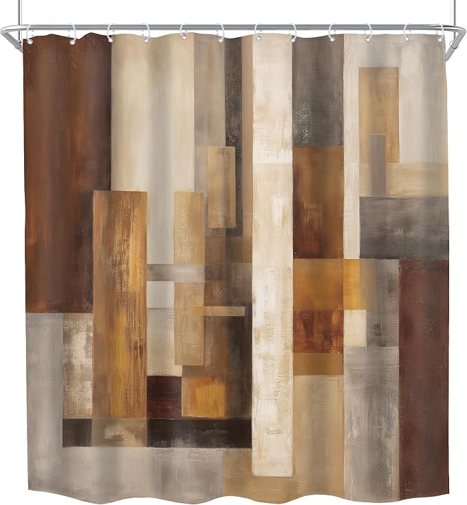 Brown Abstract Rustic Tan Retro Block Rust Bathroom Shower Curtain Set | 72Wx78H Wood Geometric design, waterproof HD print with fast-drying fabric and 12 hooks.
