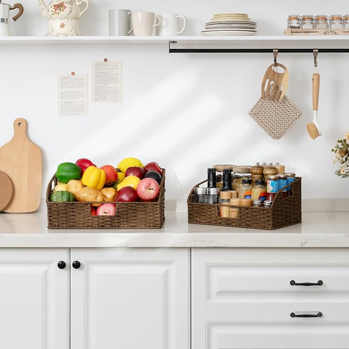 StorageWorks Pantry Baskets for Organizing, Brown Storage Baskets, 2-Pack | Paper Rope Wicker Storage Baskets for Shelves with Handles, Pantry Organizers and Storage, Shelf Baskets for Organizing