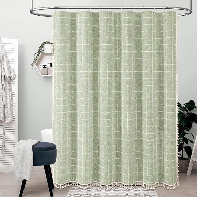 108x72 Boho Farmhouse Linen Heavy Duty Shower Curtain Set, Sage Green | Extra Wide Size, 330GSM Linen Blend, 3-side Tassels, Waterproof Fabric, 18 Plastic Hooks, Rustic Bohemian, Machine Washable