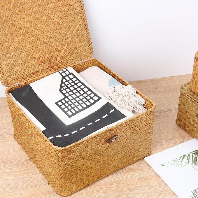 Moosky Wicker Shelf Baskets with Lid, Handwoven Seagrass Storage Basket Bins Square Gift Boxes for Shelves Home Decor Organizer (Natural, Set of 4)