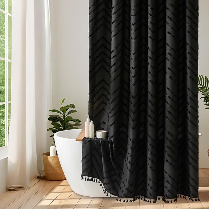 Siiluminisoy Boho Shower Curtain Black Tassel Woven Fabric Shower Curtain 54 x 78 Modern Farmhouse Textured Tufted Chevron Striped Minimalist Bathroom