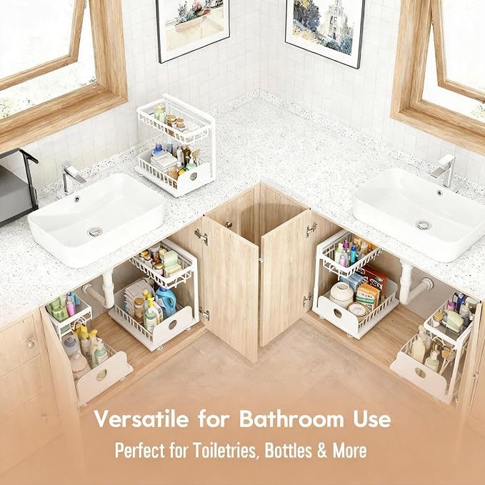 Under Sink Organizer, 1 Pack Under Kitchen Cabinet Organizer, Height Adjustable Pull Out Mute Slide-Out 2 Tier Metal Under Sink Storage for Bathroom, Pantry, Kitchen & Bedroom (White, 1 Pack)