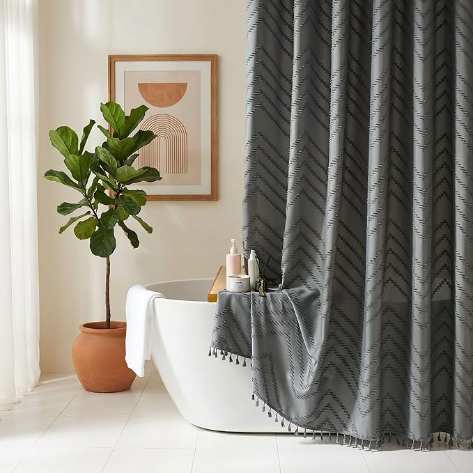 Siiluminisoy Gray Shower Curtain for Bathroom Fabric Boho Shower Curtain Cloth Textured Tufted Chevron Elegant Shower Curtains Waterproof for Bathroom 72" x 72"