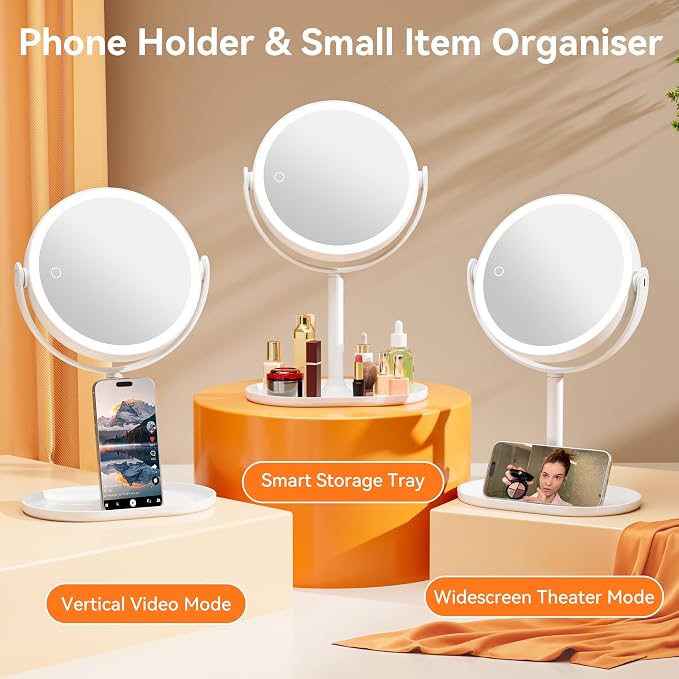 Auxmir 30X/1X Detachable Makeup Mirror with Lights, 3-Color Dimmable Lights | 64 LEDs, 3-color dimmable, dual-side touch control, 360° rotation, 2000mAh rechargeable, detachable design for travel