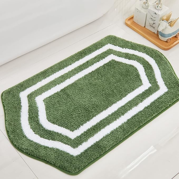 COSY HOMEER Non-Slip Bath Mat Extra Thick Absorbent Plush Washable | 24"x48" White/Green Non-Slip Extra Thick Plush Absorbent Machine Washable Bath Mat Bathroom Rug Floor Tub Shower