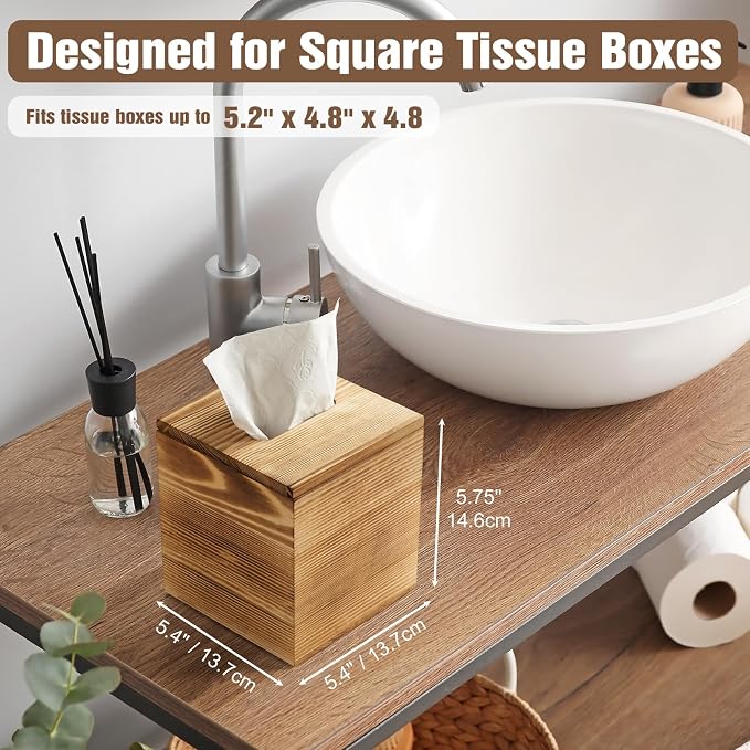 Square Burnt Wood Tissue Box Cover, Rustic Solid Wood Tissue Box Holder with Removable Top Lid for Bathroom, Bedroom, Living Room, Office, Brown