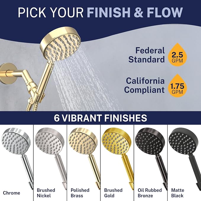 HammerHead Showers® Solid Metal Handheld Shower Head with Hose and Brass Holder - POLISHED BRASS - 2.5 GPM High Pressure Shower Heads with Adjustable Shower Wand Bracket - 6ft Flexible Extension