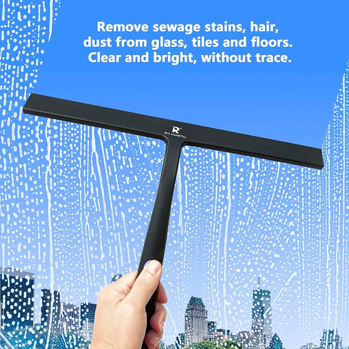 Squeegee for Shower Door 14 Inch Wide Blade, 11 Inch Short Handle One-Piece Silicone with Stainless Steel Core, Non-Slip Grip Window Squeegee for Bathroom Mirror Car Windshield, Aluminum Hook (Black)