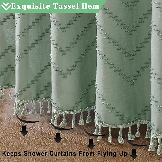 Sage Green Fabric Shower Curtain, Boho Shower Curtains for Bathroom Chic Tufted Chevron Striped Textured with Tassel, Soft Hotel Style Farmhouse, Machine Washable, 72x78, Sage Green