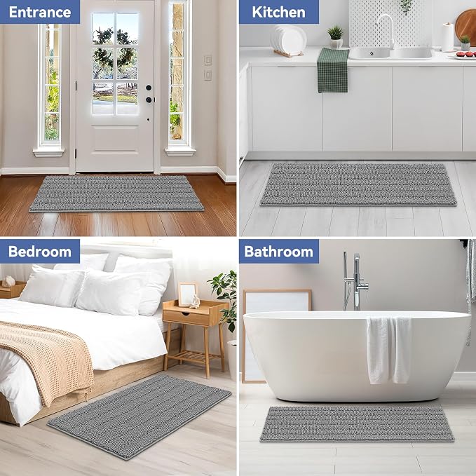 Bcoimo Bath Rug Mat,48x24 Chenille Non Slip Gray Long Bathroom Runner Rugs | Extra Soft Bathroom Floor Mats;Non Slip with Rubber Back Bath Mats;High Absorbent, Quick Dry Microfiber mat; Machine Washable