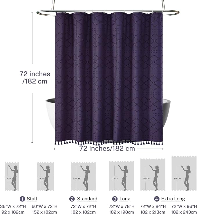 Siiluminisoy Boho Shower Curtain Dark Purple Woven Fabric Cute Shower Curtain, Tufted Chevron Textured Striped 72" x 72" Modern Farmhouse Minimalist Cloth Shower Curtains for Bathroom