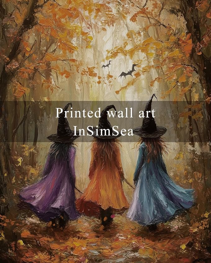 InSimSea Framed Canvas Wall Art, Fall Witch Picture, Vintage Halloween Decor for Living Bedroom Hallway Entryway Fireplace, Autumn Forest Decor, 12x16 Inch