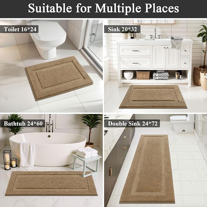 SHACOS Soft Microfiber Khaki Brown Bathroom Rugs Sets 2 Pieces 32x20 inch | Absorbent Plush Bath Rugs, Non Slip Washable Shaggy Bath Mats, Fluffy Bathroom Runner Floor Mats Shower Rug