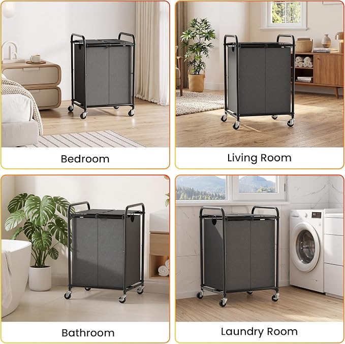 120L Laundry Sorter 2 Section, Rolling Laundry Basket with Wheels & Lid | 31.7 Gal Laundry Hamper, 2 Separated Removable Bags, Lockable Wheels, Dirty Clothes Hamper for Laundry Room, Bedroom, Grey