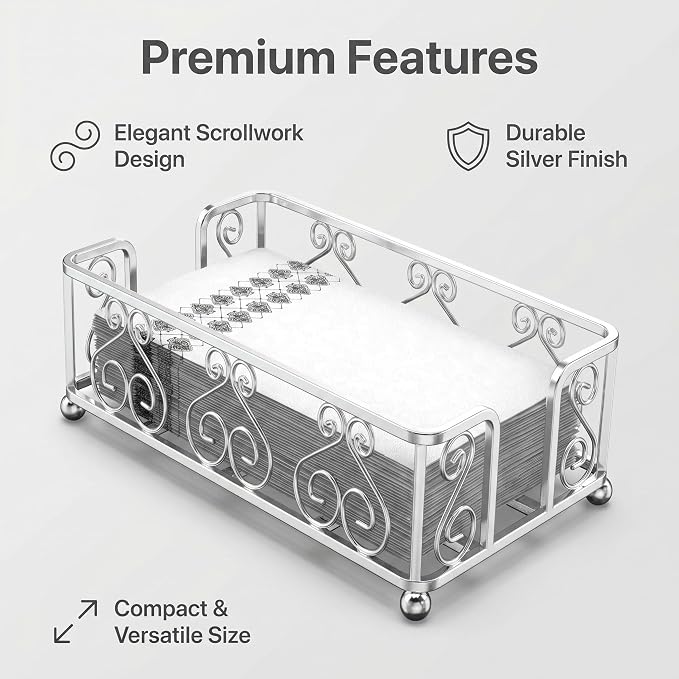Guest Towel Holder Tray for Bathroom Countertop, Silver Napkin | Guest Bathroom, Powder Room & Vanity Use