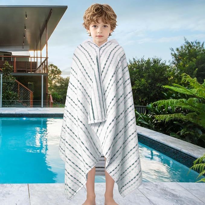 VOOVA & MOVAS Kids Hooded Bath Towel, 6-10 Years, 100% Cotton, White Green | Dotted Plaid Pattern, Ultra Thick Fabric, Strong Absorbency for Bath and Beach Trips
