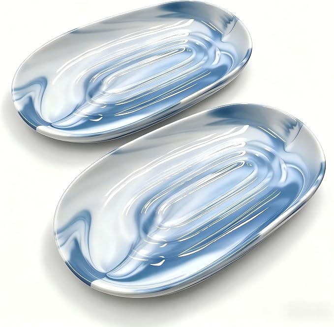 Ceramic Marble Pattern Soap Dish, Textured Raised Soap Saver Tray for Shower Bathroom Kitchen Sink Vanity, Easy to Clean Multi-Use Holder for Bar Soap Jewelry Rings Keys, Blue (2 Pack)