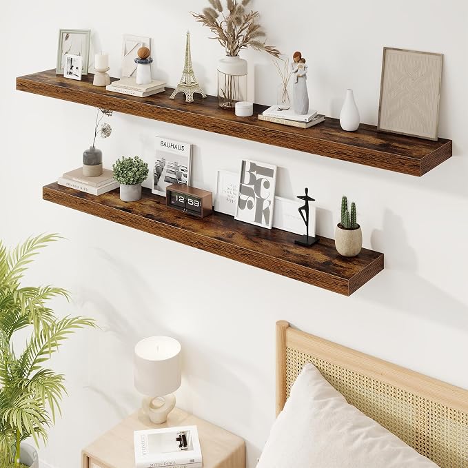 9.25in Depth 55in Floating Shelves, 55x9.25x1.4, Rustic Brown, Set of 1 | Long Wall Mounted Engineered Wood Shelves with Invisible Brackets for Living Room, Bedroom, Bathroom, Kitchen