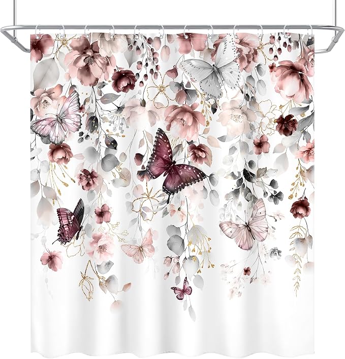 Grey Pink Floral Butterfly Spring Summer Bathroom Shower Curtain Set | 72"W x 72"L Plant Natural design with waterproof HD artwork, quick-dry fabric and hooks for easy hanging.