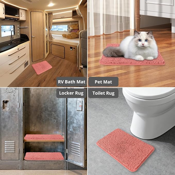 Small Bathroom Rug 12"x18" – Washable and Absorbent Bath Mat, Non Slip, Thick Soft Chenille Bath Rugs for Bathroom Floor, Shower, Sink, Dog mat(Coral)