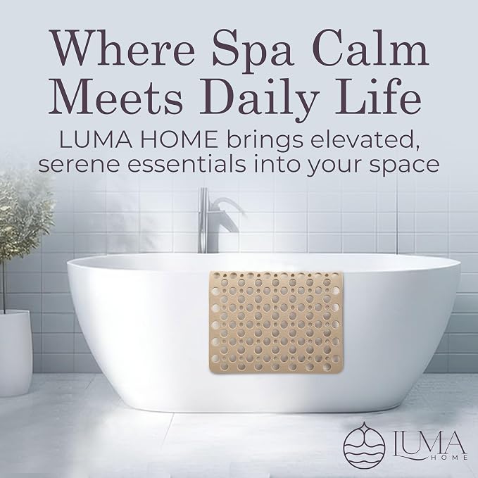 Non Slip Shower Mat for Bathtub, Beige TPE Bath Mat with Strong Suction Cups, Quick-Dry Drain Holes, Soft Textured Surface, Spa-Inspired, 30x17 Inch