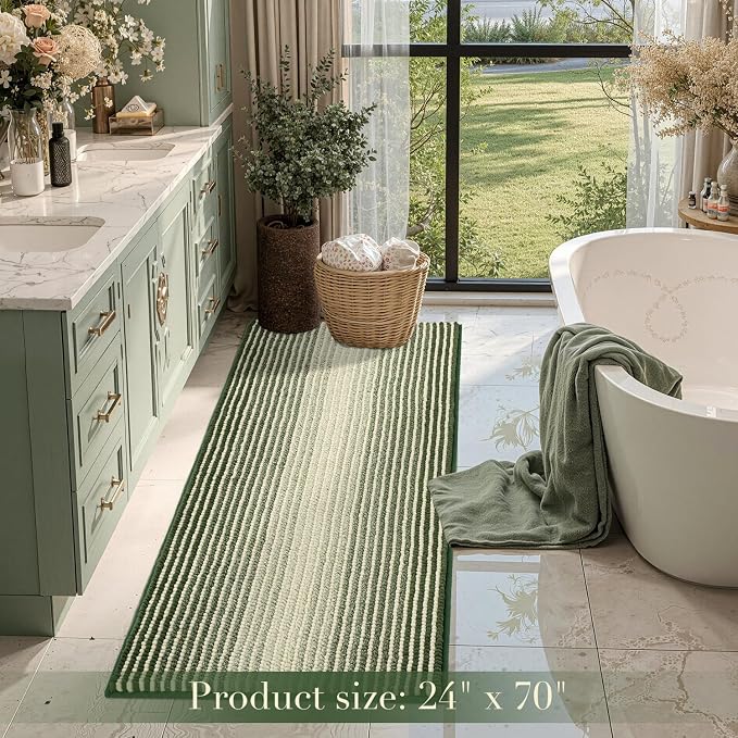 Large Bathroom Rugs, Bath Mat Rug for Bath Non Slip 24 x 70 Inches Water Absorbent Chenille Bathroom Runner Rugs Floor Mats Machine Washable (Green)