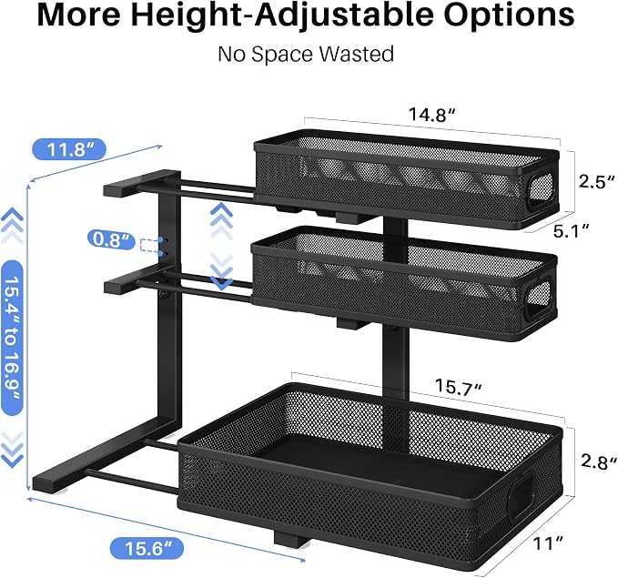 Under Sink Organizer, 3-Tier Thickened Metal Pull out Cabinet Organizer Shelf, Height Adjustable Slide out Storage Drawer Rack for Kitchen Bathroom Pantry Laundry Home Organization, 1-Pack, Black | 35% Extra Storage Capacity, Carbon Steel, Hold Up 55lb...