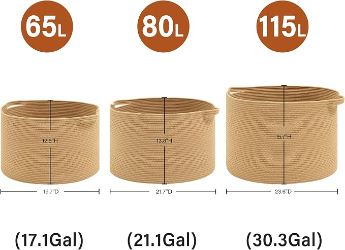 Foldable Laundry Hamper Basket with Collapsible Handle Cotton Rope Soft Woven Fabric Storage Organizer Clothes Toys Nursery Bedroom Dorm Space Saving Bin (Camel, 80L(21.7"D x 13.8"H))