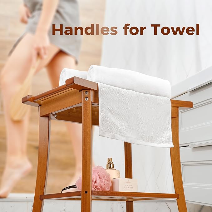 Utoplike Bamboo Shower Bench with Shelf, Bathroom Chair Stool with Handles | Bathroom Seat for Towels, Spa, Inside Shower, Brown Finish