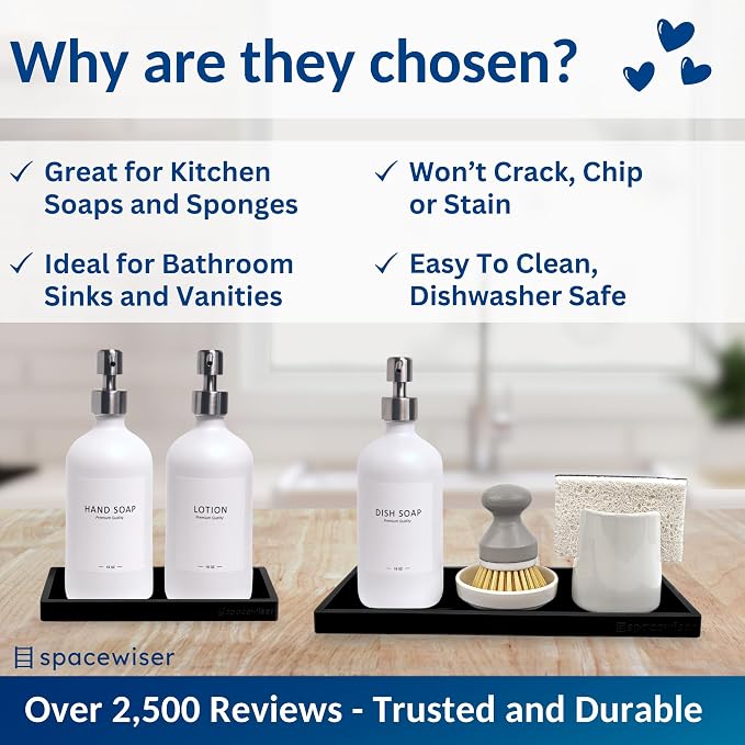 Countertop & Vanity Silicone Tray – 2 PC (11.7" & 7.7") Set | Bathroom Tray & Kitchen Soap Tray Set, Bathroom Counter Tray, Kitchen Sink Dish Soap Tray for Countertop Organization