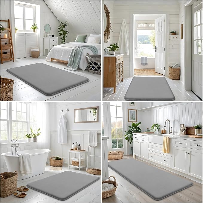 Smiry Memory Foam Bath Mat 30x20, Extra Soft and Absorbent Bathroom Rugs | Grey, Quick Dry Machine Washable Non-Slip Bath Mat for Bathroom Floor, Shower and Tub