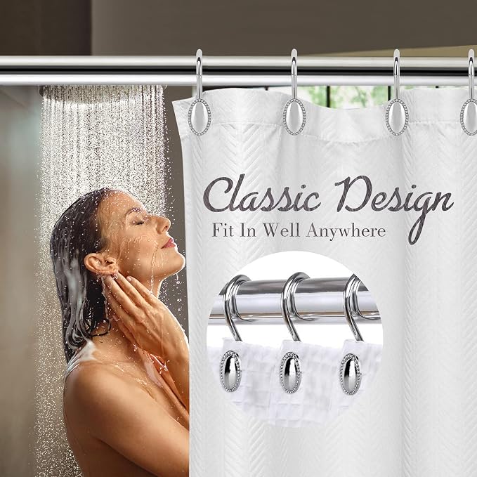 Chrome Shower Curtain Hooks, Anti-Rust Zinc Alloy Bathroom Rings | Modern Decorative Shower Curtain Hangers, Heavy Duty, Rust Resistant Metal, Glide Design, For Curtain and Liner
