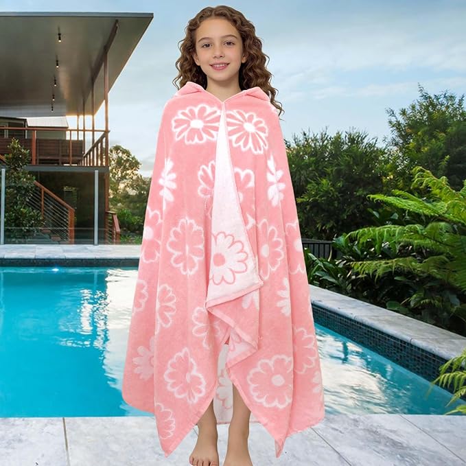 VOOVA & MOVAS Big Kids Hooded Towel Wrap, 8+, 100% Cotton, Thick,Daisy | Floral Daisy Jacquard, Soft, Absorbent & Quick Dry, Ideal for Girls’ Bath, Beach and Swim