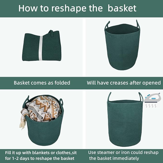 Woven Cotton Rope Laundry Basket, 15x20 Laundry Hamper, Dark Green | Rope storage basket for dirty clothes, toys and blankets. Perfect for bathroom, baby nursery and living room storage.