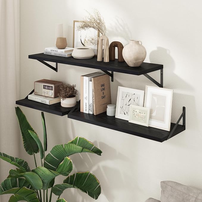 Deep Floating Shelves - 20 Inch Black Floating Shelves Set of 2-12 Inch Deep Wood Wall Shelves for Living Room Bathroom Kitchen