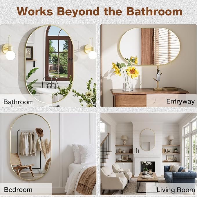 24"x32" Brushed Gold Oval Bathroom Mirror for Over Sink, Wall Mount | Tempered Glass, Clear Reflection, Rust-Resistant Aluminum Frame, Vertical or Horizontal Wall Mount, Bedroom and Entryway