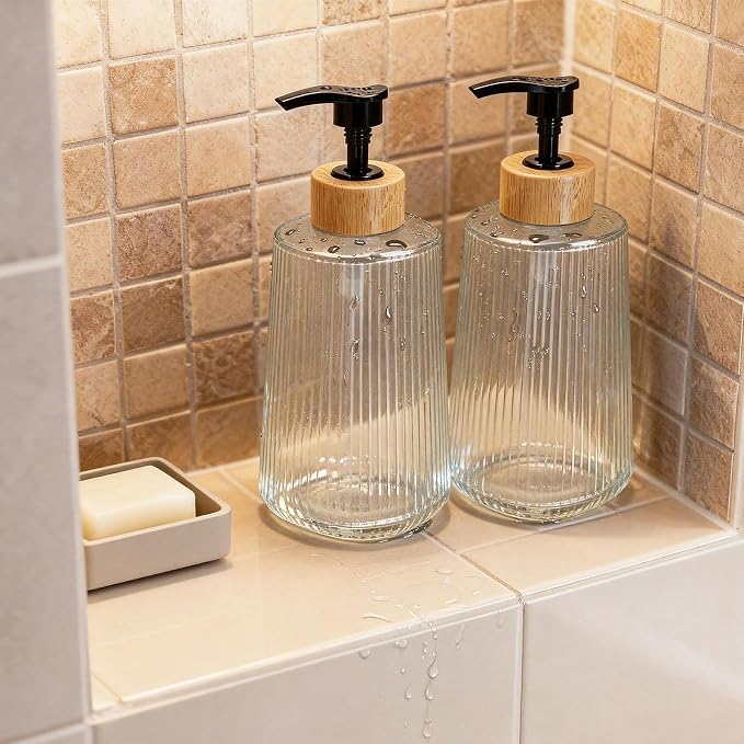 Glass Soap Dispenser, Thickened Glass Hand Soap Dispenser for Bathroom, Kitchen Dish Washing Liquid Bottles, Shampoo and Conditioner Bottles, Modern Farmhouse Style (Clear, Set of 2, 12oz)