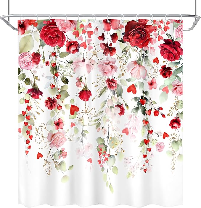 Mother Day Women Red Pink Rose Bathroom Shower Curtain Set | 72"W x 72"L Floral Watercolor design with waterproof HD artwork, quick-dry fabric and hooks for easy hanging.