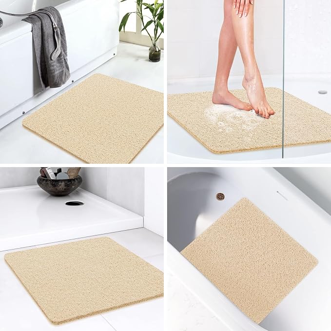 LuxStep Shower Mat Bathtub Mat Non-Slip Bath Mat with Drain, Quick Drying | 24x24 inch PVC Loofah Bathmat for Tub,Shower,Bathroom,Khaki