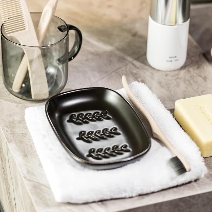 Miamolo Soap Dish for Bathroom, Bar Soap Holder for Shampoo Bars, Sponges | Raised Ridges Drain, Soap-Saving | Ceramic Soap Sver Dishwasher Safe, Fit 1-2 Large Bars | Bath Counter & Kitchen Sink, Black