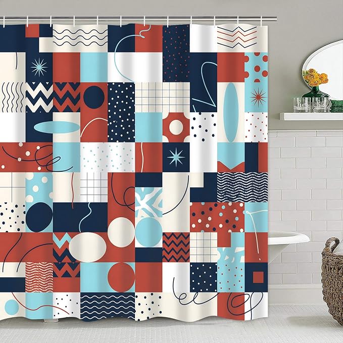 LQCOOL Geometric Patchwork Shower Curtain Set Bathroom Sets Modern Shower Curtain Set for Bathroom Sets with Rugs and 12 Hooks